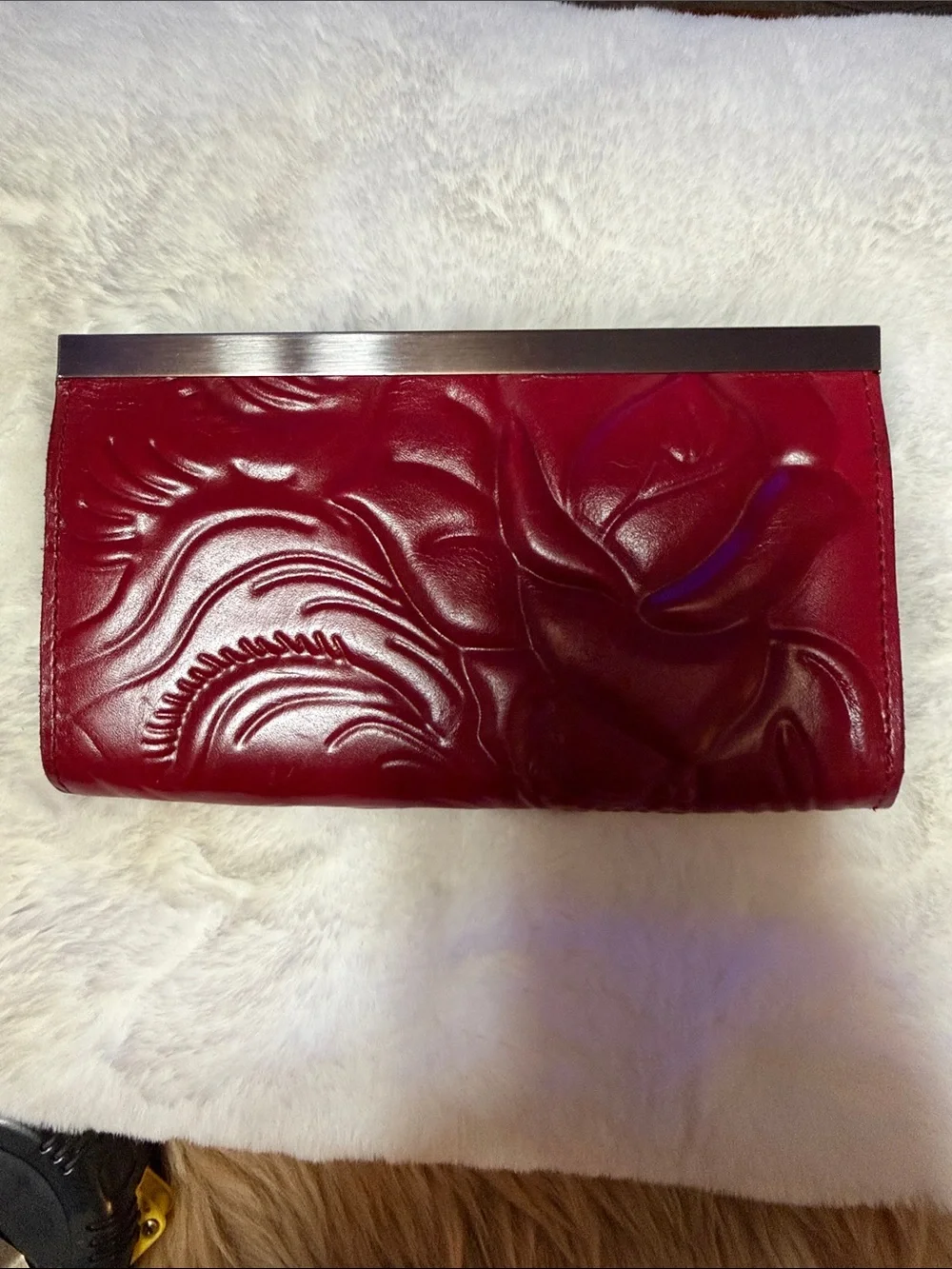 Patricia Nash Cauchy Leather Wallet Red Lava Tooled RFID Blocking Push Lock Rose